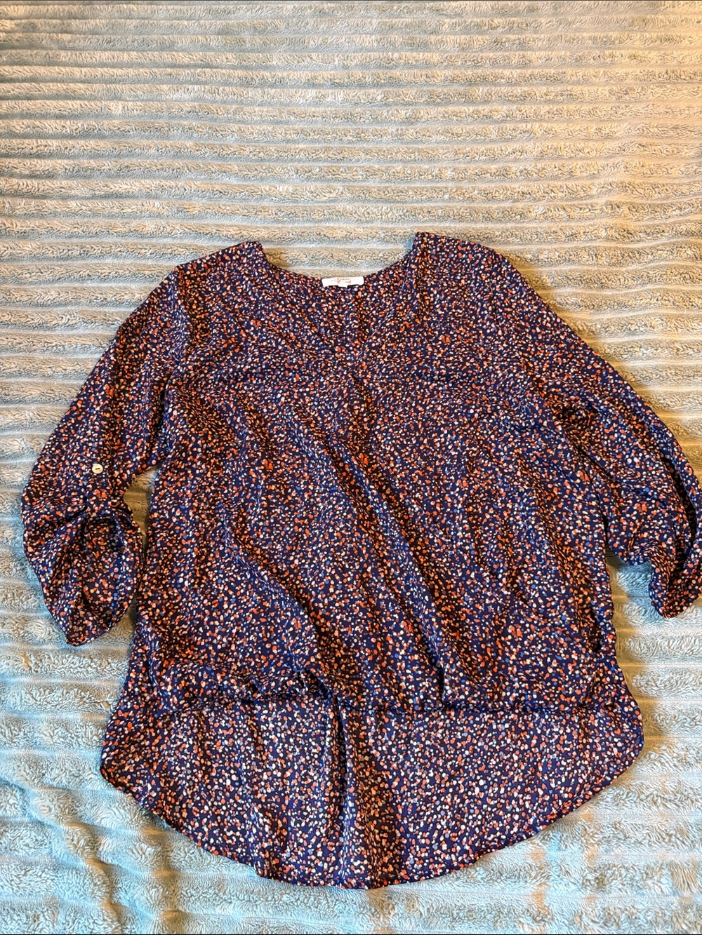 Navy Floral Blouse with Button-Tab Sleeves - Women's Long Sleeve Top